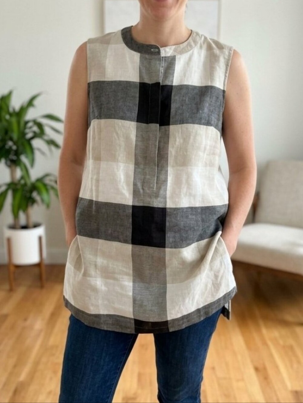 Chadwicks of Boston Linen Tunic Top, Size M, Buffalo Check Plaid, Neutral